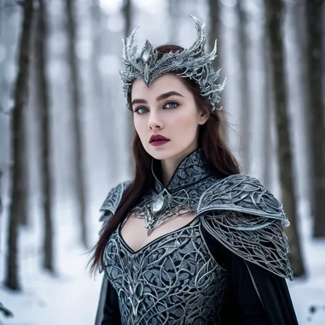 Create a seductive portrait of a woman inspired by Game of Thrones. She stands confidently in a snowy forest, illuminated by the glow of a silver and obsidian portal adorned with intricate dragon-scale patterns. Her outfit is elegant yet daring, with flowi...