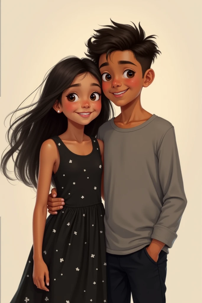 Black hair girl wearing a armless black frock.there are white dots in it.smile genuinely .cute girl..

A brown skinned young boy beside the girl wearing a black casual trouser and a gray  long handed shirt.no beard.