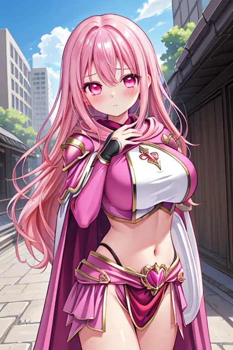 1girl, best quality, looking at viewer, kawaii, shiny skin, shiny clothes, pink armor, super heroine, navel, midriff, bare stomach, (cloak:1.2), fantasy, huge breasts, long hair, pink hair, wavy hair, pink eyes, fighting style, blush, closed mouth, citysca...