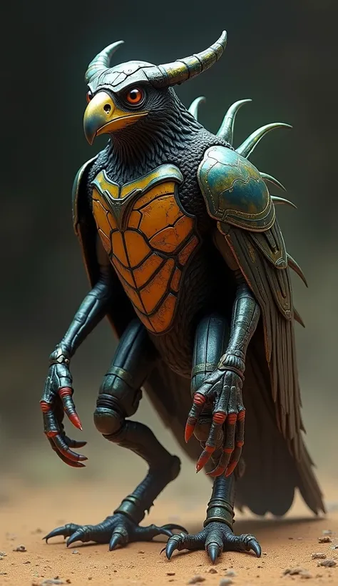 Design a monstrous hybrid creature that fuses a scarab beetle and a falcon. The creature should have a sleek, armored body with metallic, iridescent beetle-like wings and sharp, falcon talons. Its head combines the curved beak of a falcon with the segmente...