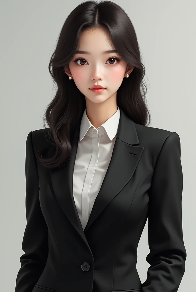 Woman, black brown hair, long straight hair, innocent and nice-looking face, 157cm tall, a slightly bigger chest for size, a black suit with a little loose tie and a top button, expressionless face, front