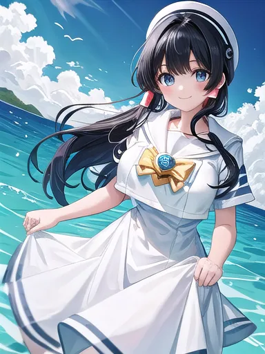   Masterpiece ,  best quality,  1 girl, Alone, No water_consider,sailor collar , white_ dress, have ,smile face, black hair long hair, big breasts、