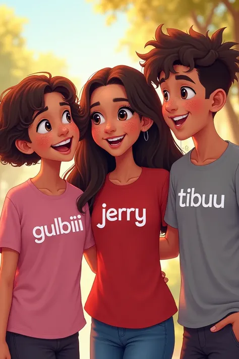 

Three beautiful best friends, all wearing pants and shirts. One is wearing a pink shirt with acne, and the name "Gulbiii" printed on it. The second friend is wearing a red shirt with the name "Jerry" printed on it. The third friend is wearing a grey shir...