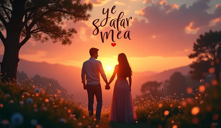 (photorealism:1.2), Heres a thumbnail prompt for your romantic song video titled *"Ye Safar Mera"*:

**Prompt**:  
"A beautiful, romantic YouTube thumbnail featuring a scenic sunset backdrop with a couple holding hands on a road surrounded by lush greenery...