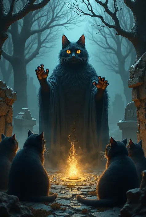 Black magistion cat perform black magic  in a cemetery and doing magic.there are lot of cats sitting secerd next to it