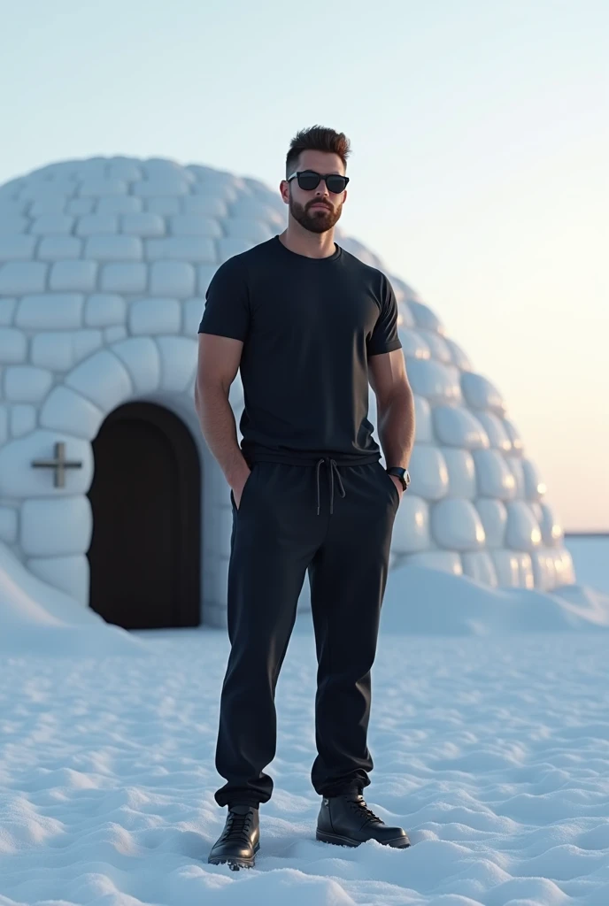 (photorealism:1.2), A stylish, athletic man standing confidently in front of an igloo in a serene, snowy Arctic landscape. He has a neatly groomed beard and is wearing sleek black sunglasses, giving him a cool and composed appearance. His stance is upright...