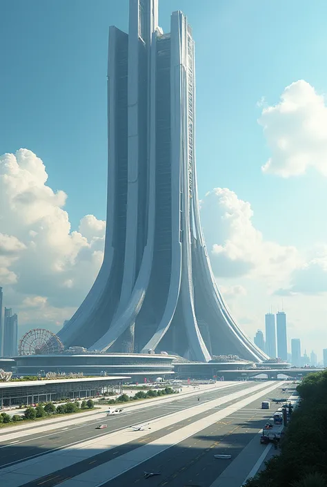 Mostre o edifício por inteiro por favor. Edifício futurista de tamanho colossal. An airport above the building .  It has an airstrip with planes on top of the colossal futuristic building.  There is an amusement park on a balcony in the middle of the build...