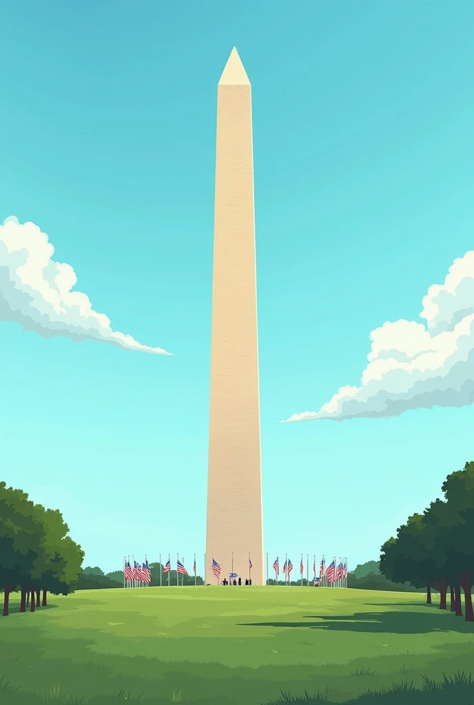  The illustration shows the majestic Washington Monument against a clear blue sky, surrounded by green meadows and trees.  Some historical symbols of freedom are shown in the foreground , which underline the significance of the monument .  The style is epi...