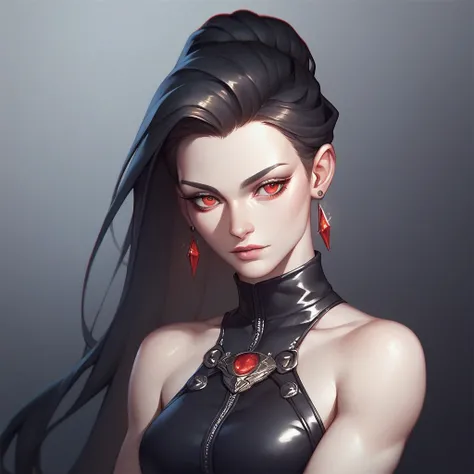 female black sleeveless leather turtleneck, bare shoulders, racerback, bare toned arms, beautiful faces, black ponytail with showing forehead, long ponytail, black earrings, soft smooth skin, pale skin, black background, red eyes, sci-fi, stark contrast