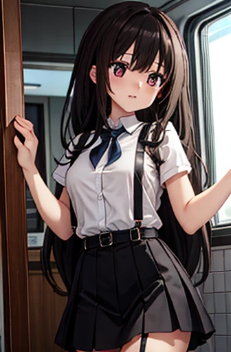 ​masterpiece、flat-colors、 depth of writing、 lens flare 1 girl、、 brown hair、 viewers　　　black suspenders　　　  on big bulging breasts 　　　 　 Armpit sweat　sweating　Both hands　　wall: 　 Black Miniskirt　 garter belt 　　　　　　sight　　　 small face 　Bangs above the eyes　f...