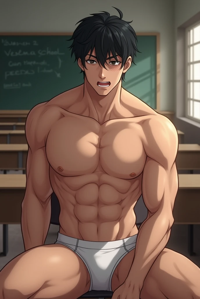  school background,A muscular man with black hair , white skin , seated is wearing underwear and is blushing