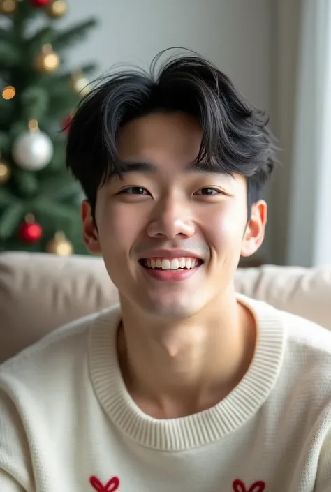 photorealism: 1.2), Handsome  boy, Korean s man  ,face man , eighteen  old,sitting in the living room, snowy atmosphere snow, handsome thick eyebrows, color black eyebrows,small sharp nose, sweet peach lips,wearing a Christmas sweater simpel white +small r...