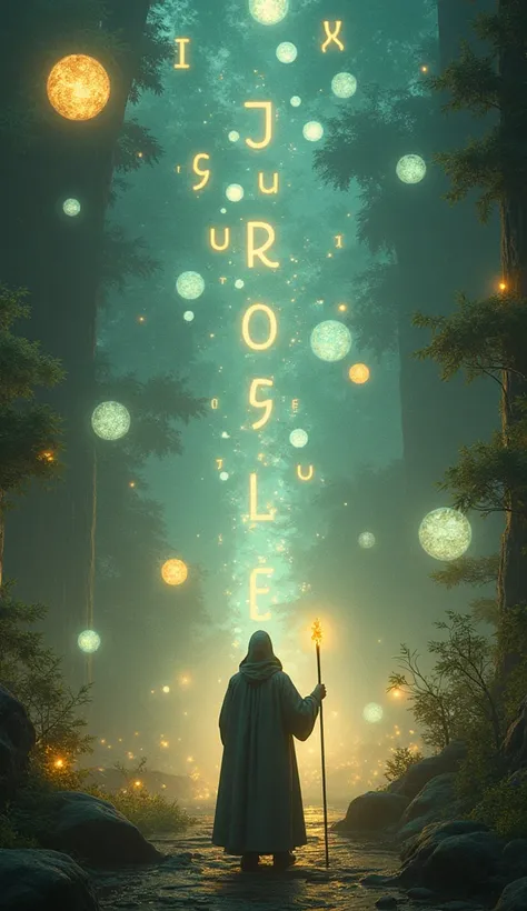 "A mystical world filled with glowing orbs resembling eyeballs, floating letters in the air, and magical runes that shift shape and shimmer. The scene feels like a vision-based puzzle in a mythical realm. In the foreground, a robed figure holding a glowing...