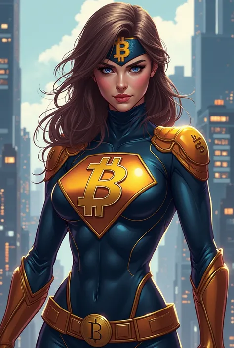 Create a woman with a BTC-inspired superhero logo 