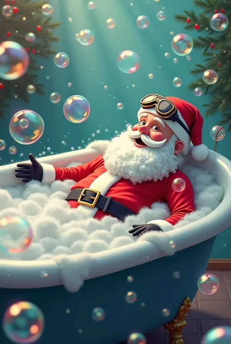 "image du père noël en maillot de bain, lunettes de plongée, bonnet de bain, tuba et palmes, dans sa baignoire pleine de mousse, des multitudes de bulles transparentes de toute les couleurs dans lair, salle de bain cosy. Image humoristique.