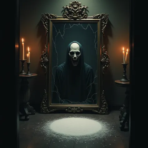  A dark room illuminated by candles , with a circle of salt on the floor . in the center,  an antique mirror with a cracked frame ,  reflecting a dark and sinister figure with empty eyes and an unnatural smile .  The environment is oppressive ,  with distu...