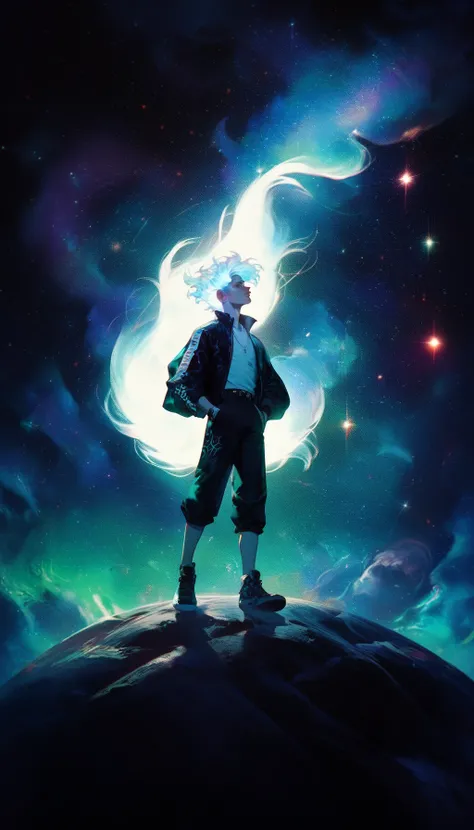 A heroic figure with flowing white energy erupting skyward, their silhouette sharp against a starry expanse, wearing modern casual clothes, illuminated by cosmic light, surreal, vibrant, high detail, (boy), (white glowing hair)