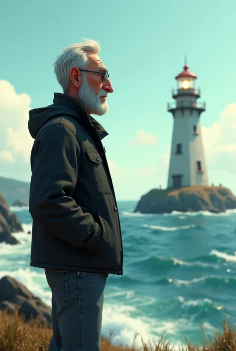 Homme soixante ans regarde la mer. Near a lighthouse .
Il a les cheveux gris  très courts, des petites lunettes. unshaven. Grand nez. Visage fin.
Il porte une veste noire et un jean gris. Il est grand et mince. Mains dans les poches. 

Style Pixar.