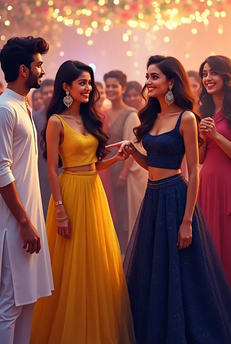 Ruhi (a beautiful matured girl, 24, wearing a bright yellow lehenga with a sleeveless blouse, her earrings sparkling under the lights) points at Roshani (a beautiful matured girl, 22, her navy blue lehenga glittering, her cheeks still flushed from earlier ...