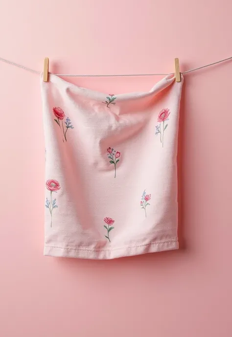  Create me the same photo , where a small cloth is nailed to TWO nails from different sides (right and left ) Against the wall,  only the fabric should be light pink ,  The fabric should have a small pattern with flowers . an eye-catching ,  pattern of not...