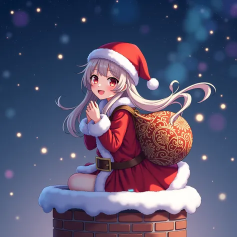 The twinkling night sky of the galaxy。
 Santa girl coming out of the chimney holding an arabesque bag。
On the back、唐草模様の袋を持っている。
 anime-style illustration
