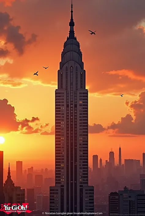  The picture shows the iconic Chrysler Building in New York City at sunset.  The sky is colored in warm shades of orange and red ,  while the building rises majestically into the sky .  Some clouds and flying birds can be seen around the building ,  which ...