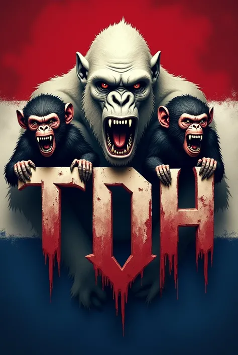 Create a logo with the acronym TDH ,  with 2 scary monkeys on the tips and a scary bombed albino gorilla and the Dutch flag in the background and bring the image closer