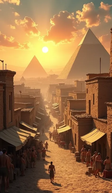  A prosperous city with cobblestone streets , Bustling markets, mud houses and an active community . From a distance,  you can see the ziggurats and walls that surround the city. in the sky,  A bright sun illuminates the scene ,  symbolizing hope and progr...