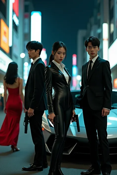 A 8K HD photo of Slender Japanese woman in a tight suit of leather with straight white suitjas holding a gun, 3 handsome Japanese men in black suit holding a rifle, man and woman staring at each other looking at the camera, they guard a female artist Japan...