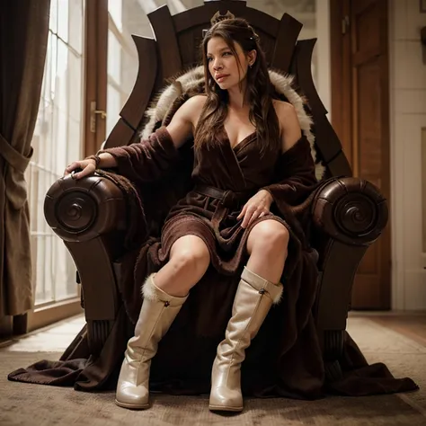 Evangeline Lilly, as a norse woman sitting proudly on her throne, wearing a robe with fur and fur-boots, perfect eyes, full body,  fr3j4