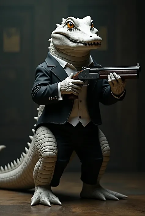 Create a humanoid white crocodile dressed up and holding a short-barreled shotgun in his hand .