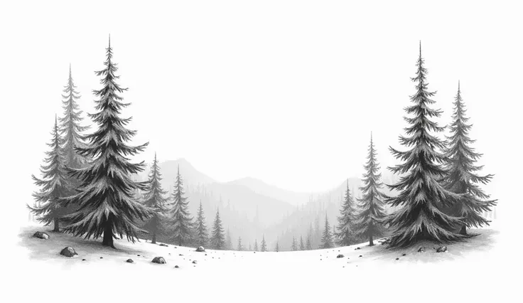 Create in freehand style in black and white, only unfilled lines, a coniferous front and top view in the same image. 