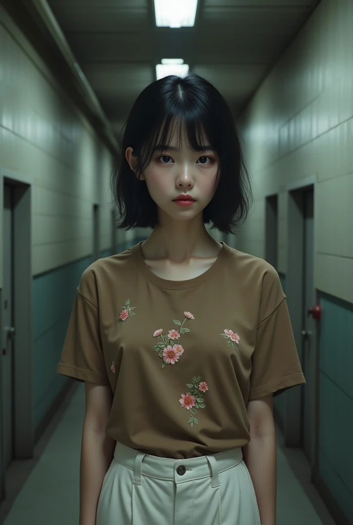 Headshot of a Japanese woman wearing a brown t-shirt with a cute floral pattern and white chinos looking at the execution room in a prison