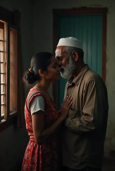 Real image. Indian mallu  teen matured school girl in school dress kissing and smooching with muslim 80 years old fat man and opening his shirts button in eid at dark behind the wall of empty poor house. Two rens watching them. Touching her chest 