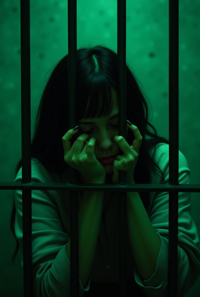 35-year-old black-haired woman with her head curled up behind bars in a cell (GREEN FILTER )
