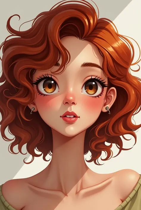  a portrait of an original character based on characteristics: girl, Young, Brazilian, white, nariz wide, Almond brown eyes ,  round face,  heart-shaped mouth ,  curly hair cherry red , piercing no nariz