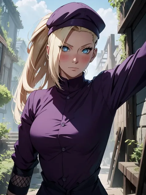 {-error_The_anatomy:1.0}  anime style ,  masterpiece , absurdities, Yamanaka Ino(Naruto), 1girl solo, woman,  Perfect composition , Lábios Thetalhados, beautiful face,  body proportion , Blush,  long blond hair ,  Blue Eyes, purple blouse, purple pants, pi...