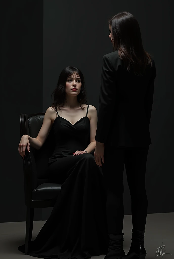 Fictional character, Woman wearing a black dress with long slightly wave hair, sitting at the chair in center, another woman wearing a black suit with long straight hair standing beside and looking at the woman. BLACK THEME