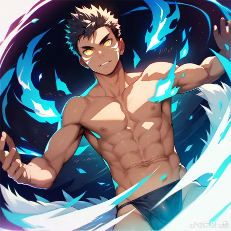 ultra detailed, master piece, best quality, cinematic angle, motion lines, focus male, detailed eyes, detailed hands, dark skin male, whole body, muscle, black hair, expressive yellow eyes, glow eyes, black fox ears, Nine-Tailed Fox, shirtless, white tails...