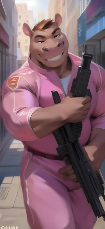 Solo, female, standing, street,Carrying a long gun as a weapon, hippo ,pink military spacesuit, overweight, big muscular, smirking, by chunie