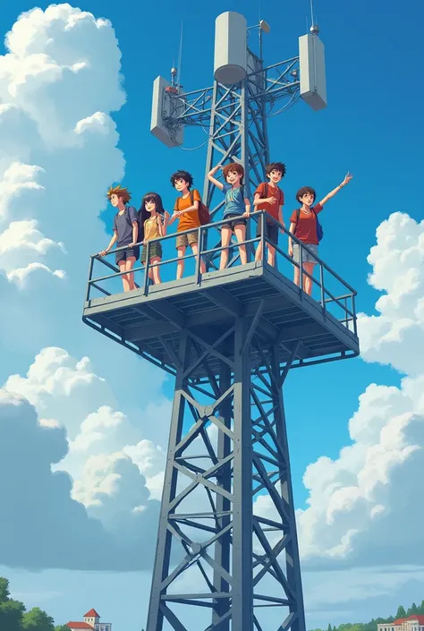 6 friend on roof nearly a mobile tower