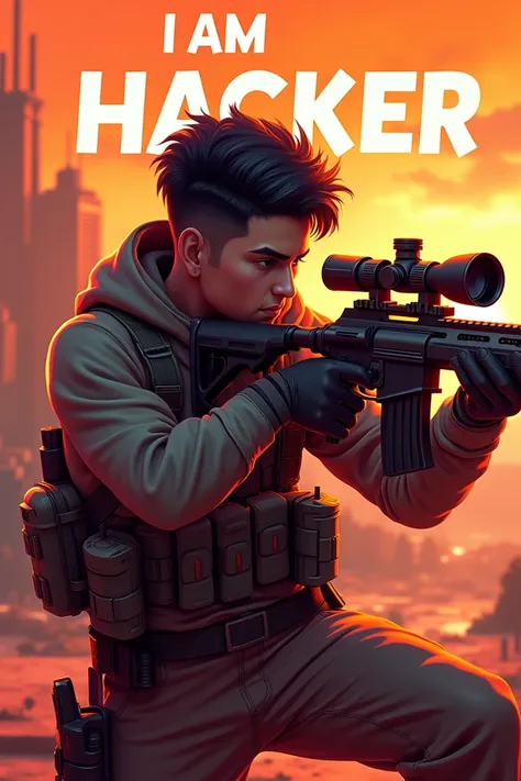 "A dynamic gaming thumbnail featuring a confident young man holding an AWM sniper rifle in the foreground. He is aiming with intense focus, dressed in a tactical outfit. The background showcases a scene from the Free Fire Bermuda map with buildings and dis...