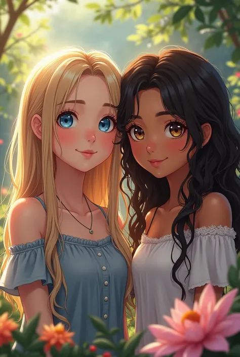 a detailed anime style illustration of two girls, one with long straight blonde hair and bright blue eyes, the other with dark brown curly hair and olive skin with brown eyes, both in a beautiful outdoor garden setting, highly detailed faces, (best quality...