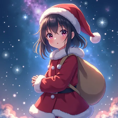 intricate detailed illustration of a young anime girl, 1girl, wearing a Santa Claus costume with a sack on her back, standing in a starry night sky with a glowing galaxy, highly detailed, cinematic lighting, vibrant colors, (best quality,4k,8k,highres,mast...