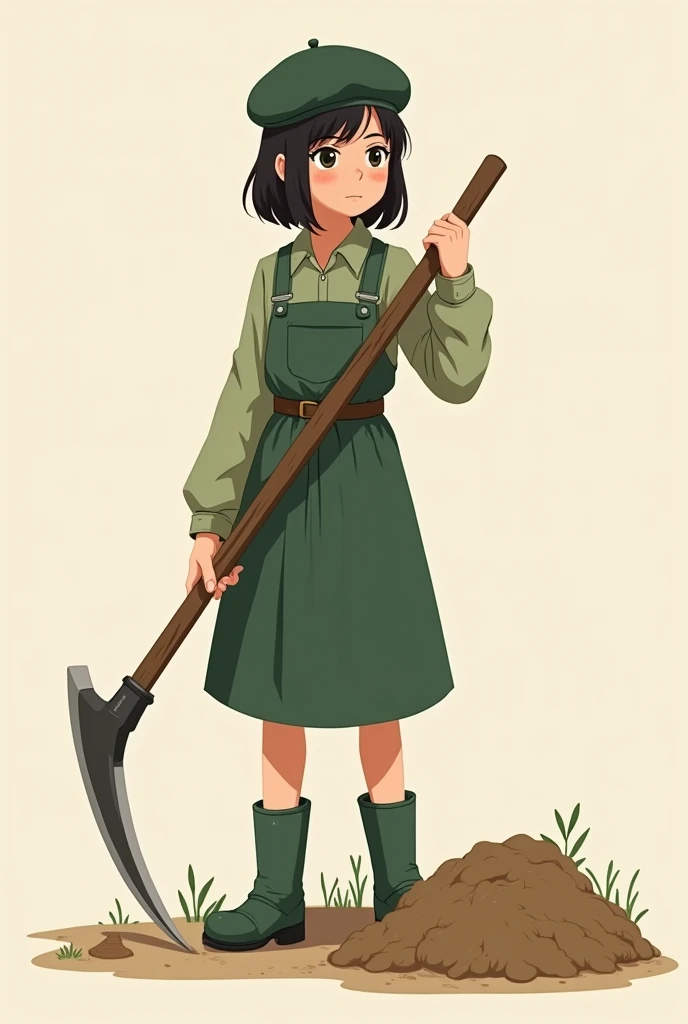 Draw an 18-year-old girl wearing a sickle and a dark green beret and a green dress working with boots in a simple style 
