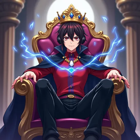 Teenage King ,white pele, Gold crown on the head ,reddish black hair, left eye red and right eye blue , red shirt with blue stripes , black King cape , white stone around the neck , black pants , black shoes , wearing black headphones, anime style , he is ...