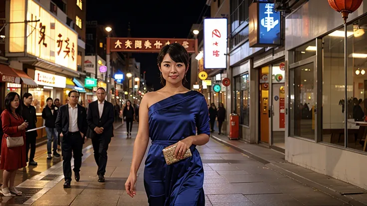 sexy chinese new year girl in blue silk china dress, 55 years old,  downtown at night, New Year 2024