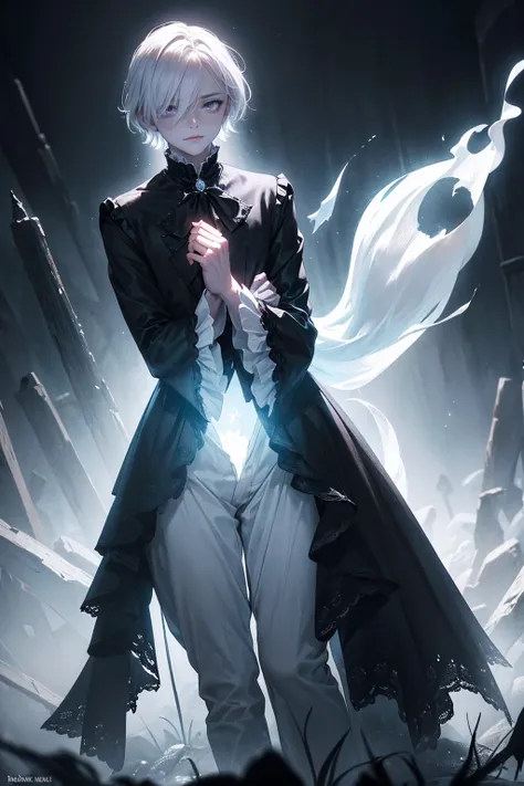 1 man, GHOST, ghostly, MALE, FEMBOY, solo androgynous male, soft delicate features, male, beautiful femboy, fully clothed in victorian boy clothes, black loose shorts, big penis bulge in shorts, white blouse blushing, flowy white hair, uneven bangs over on...