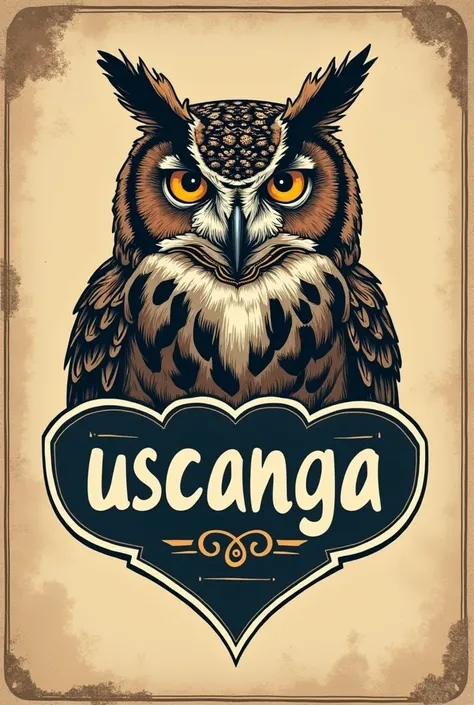 The word uscanga merged with a drawing of an owl to make it look like the vintage logo 
