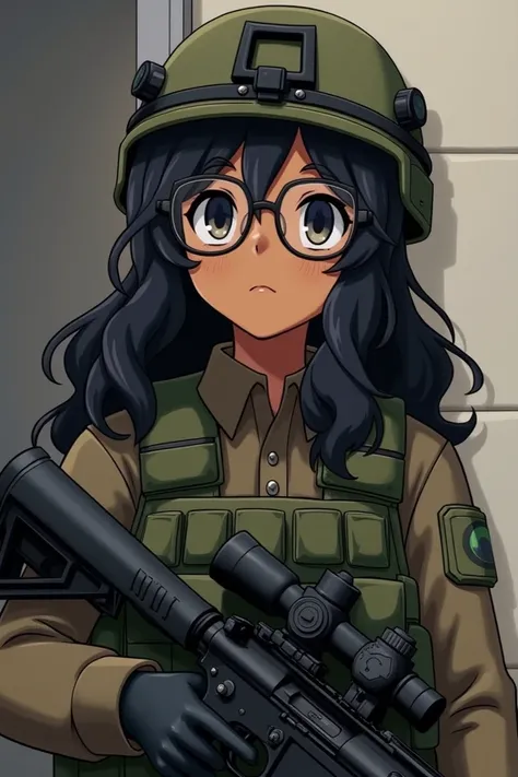 realistic anime, dark-skinned  ,  wearing prescription glasses , curled black hair, long hair, wearing military clothing ,  helmet and war vest , with sniper in hand.